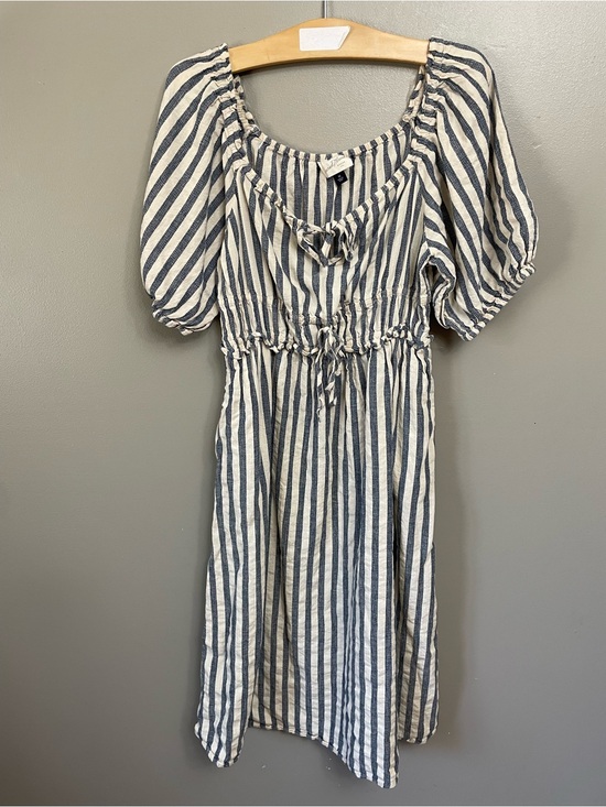 Universal Thread Dresses & Skirts - Linen Dress Puff Sleeve Blue Cream Stripe Medium Boho Lagenlook Universal Thread